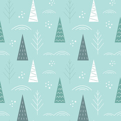 Winter forest seamless pattern in Scandinavian style. Festive New Year and Christmas design of cards, packaging, textiles. Vector stock illustration. 