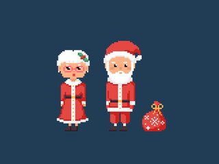 Pixel art Santa Claus Family illustrations. 8 bit style greeting card with Santa Claus and Mrs Claus. Retro isolated pixelated gamer style Santa background for Christmas decorations. Vector.
