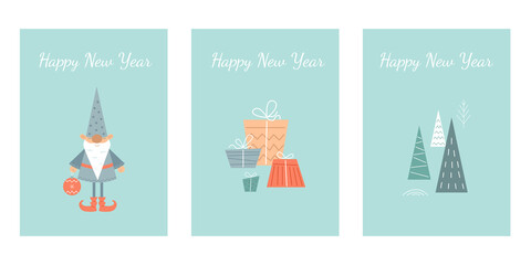Set of Happy New Year and Merry Christmas cards in minimalistic Scandinavian style. Christmas gnome, gifts, tree. Vector stock illustration. 