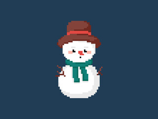 Pixel art full body snowman in a scarf and hat. Vector 8 bit style retro illustration of winter cute snowman. Isolated adorable snowman character for video game, sticker or decoration.
