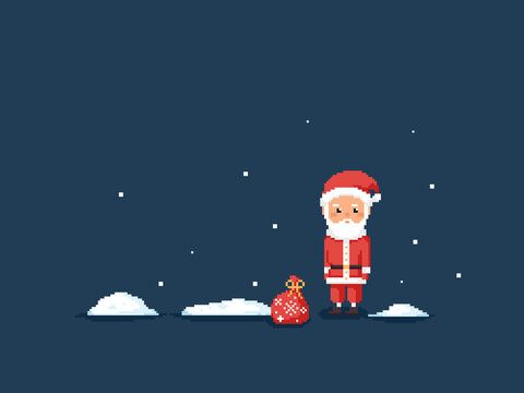 Pixel art Merry Christmas and happy new year 2022 greeting card with cute Santa Claus, Snow drifts and snowflakes. 8 bit style background with Santa Claus character for holidays. Vector pixel winter.