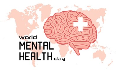 World Mental Health Day, vector illustration of a brain and world map background, as a banner, poster or template.