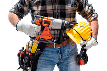 Carpenter holding rechargeable hammer drill, isolated on white background. Work safety.