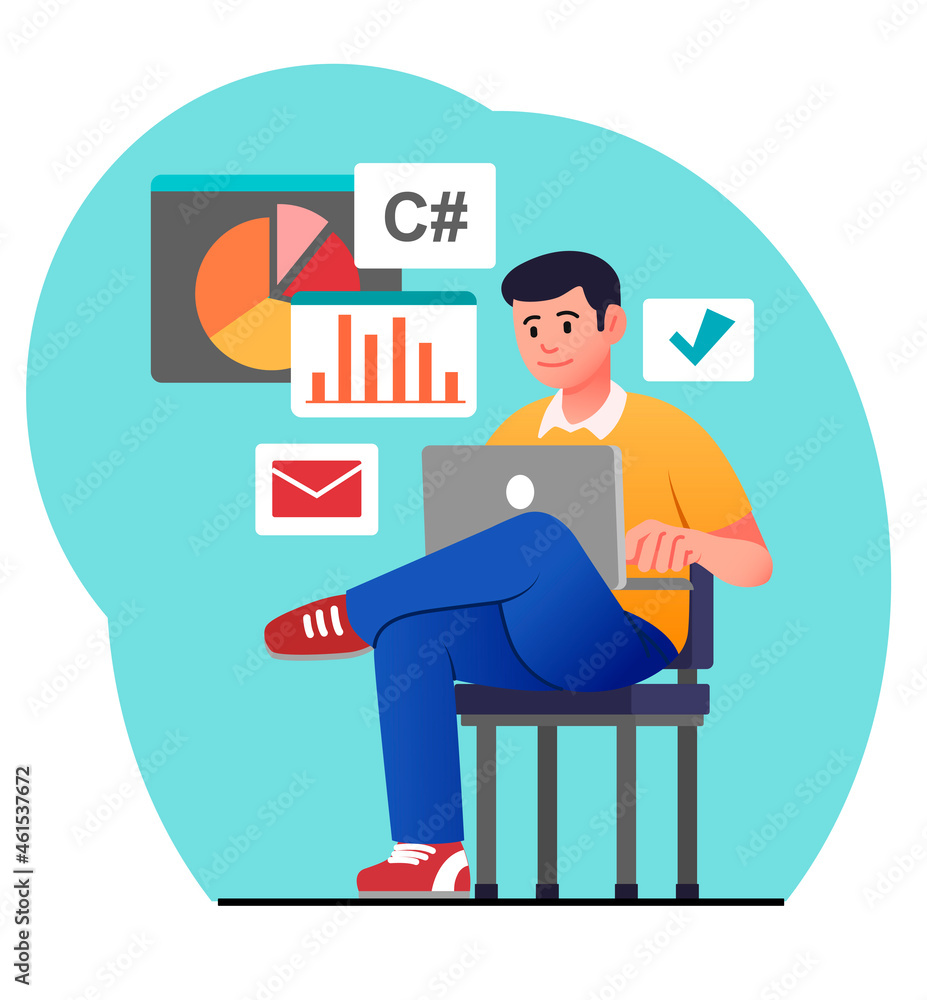 Poster programmer working on chair. man writes code, developing applications, working on new programs. free