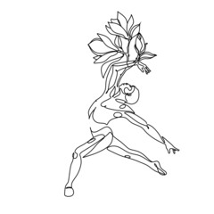 Minimal illustration of male dancer. Surreal line art modern man with magnolia frower growing from him. Contemporary art. Young flexible athletic men with flowers. Dancer school logo