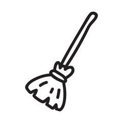 Hand drawn vector isolated flying broom icon. Black outline illustration of witch broom. Witchcraft aesthetic tools.