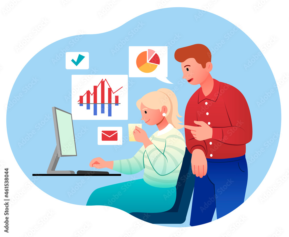 Poster man and woman working at computer. data analysis, department in company, collection of statistics. s