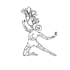 Modern ballet style male dancer performs on high lighted stage line drawing in black and white. Line art dancing vector illustration