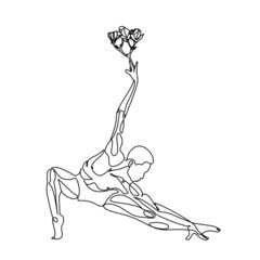 Modern ballet style male dancer performs on high lighted stage line drawing in black and white. Line art dancing vector illustration
