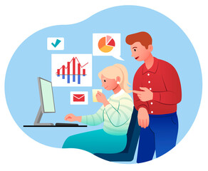 Man and woman working at computer. Data analysis, department in company, collection of statistics. Set of graphs, diagrams and charts. Cartoon flat vector illustration isolated on white background