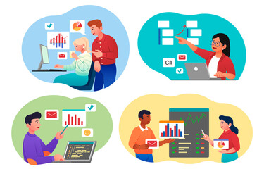 Working with data set. Collection of images used by analysts to evaluate graphs and charts. Investments, company growth, business strategy. Cartoon vector illustrations isolated on white background