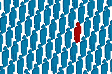 Unique business person in the crowd, Red color figures among crowd. Illustrations 3d