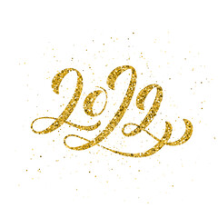 Happy New 2022 Year poster with lettering composition. Seasonal flyers and greetings cards for Christmas holidays. Date lined with sparkling golden sequins. Vector illustration.