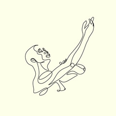 Modern ballet style male dancer performs on high lighted stage line drawing in black and white. Line art dancing vector illustration