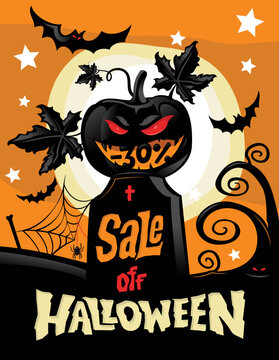 Halloween Sale vector flyer illustration with scary faced shopping bag, crow, bats and cemetery on orange background.