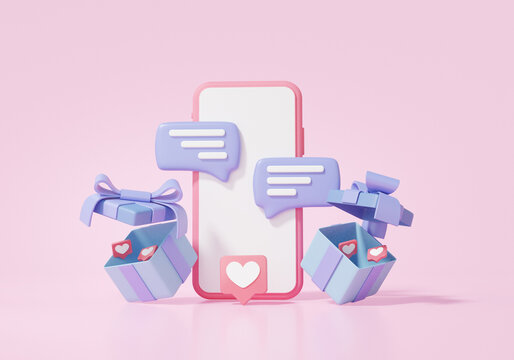 Digital marketing Social media online concept. with show surprise gift box, comment, communication, shopping contect digitally minimal cartoon on pink background. 3d render illustration
