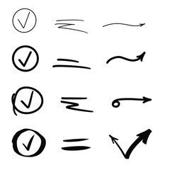 Set of black hand drawn doodle check symbols and checkbox