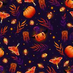 Fototapeta na wymiar Vector seamless pattern, Halloween holiday pattern background. Background for design of fabric, packaging, phone case, wrapping paper. Greeting cards with traditional symbols.