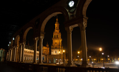 the night at Plaza De Espana in Seville in Andalusia