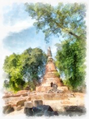 Ancient ruins in Ayutthaya Thailand watercolor style illustration impressionist painting.