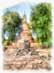 Fototapeta premium Ancient ruins in Ayutthaya Thailand watercolor style illustration impressionist painting.