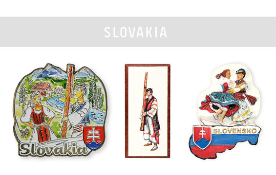 Souvenirs (magnets) from Slovakia isolated on white background. The text on the magnet means in English "Slovakia"