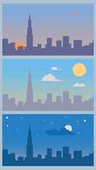Naklejka premium Silhouette of a city with a skyscraper at different times of the day