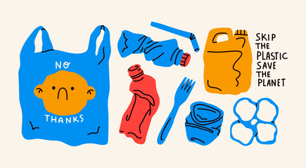 Various Plastic waste. Pollution problem, Recycling, zero waste concept. Stop using plastic bag, cup, straw, bottle, canister. Design for banner, poster, card. Hand drawn trendy Vector illustration
