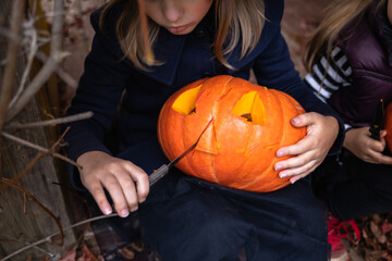 Little girls make jack-o-lantern from big pumpkins for celebratiion of halloween holiday.Witch costume, hat, coat. Cut with knife,take out pulp with seeds.Outdoors activity, backyard.Children's party
