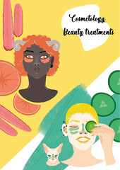 Cosmetic procedures. Poster with beautiful girls. Facial skin care.