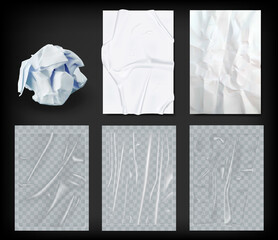 Crumpled paper collection. Realistic images, papier mache, crumpled paper, notebook sheets, a4. Transparent plastic film, 3d. Set of volumetric vector illustration isolated on black background