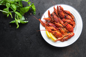 crayfish red fresh boiled seafood crustaceans meal snack on the table copy space food background rustic 
