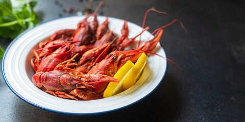 crayfish red fresh boiled seafood crustaceans meal snack on the table copy space food background rustic 