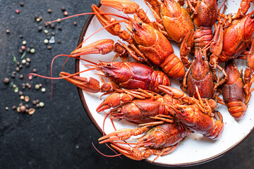 crayfish red fresh boiled seafood crustaceans meal snack on the table copy space food background rustic 