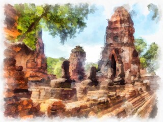 Naklejka premium Ancient ruins in Ayutthaya Thailand watercolor style illustration impressionist painting.