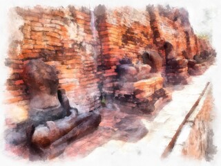 Ancient ruins in Ayutthaya Thailand watercolor style illustration impressionist painting.