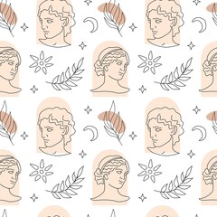 Hand drawn seamless pattern with ancient Greece elements, leaves, sculpture drawing isolated on white background. Vector outline illustration. Design for textile, wrapping, wallpaper, fabric