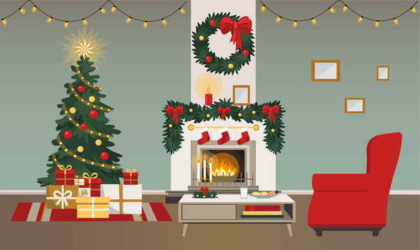 Christmas interior. Bright room with fireplace, decorated with a Christmas tree, light garlands, pine garland. Table with milk and cookies for Santa Claus. Vector illustration in flat style