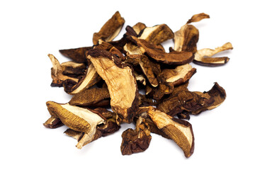 Natural organic dried mushrooms from the forest close-up isolated on a white background. Real healthy food.