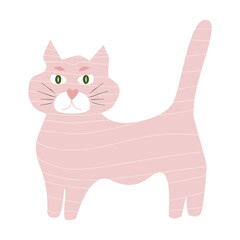 Striped pink cat. A funny pet. Cartoon vector illustration flat style

