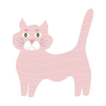Striped pink cat. A funny pet. Cartoon vector illustration flat style
