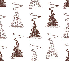 Seamless pattern with Burning bonfire. Fire wood and campfire. flat style