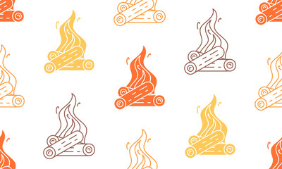 Obraz premium Seamless pattern with Burning bonfire. Fire wood and campfire. flat style