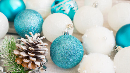 Christmas balls in blue and white. Christmas or new year concept. Image with selective focus