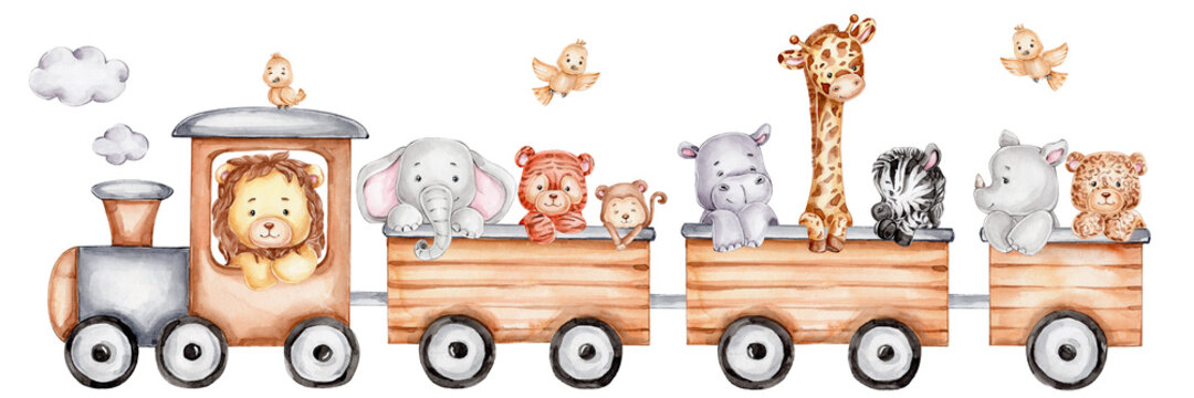 Train with jungle animals; watercolor hand drawn illustration; with white isolated background