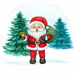 Cheerful watercolor santa in a winter wonderland
