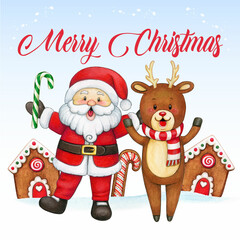 Cheerful watercolor santa in a winter wonderland