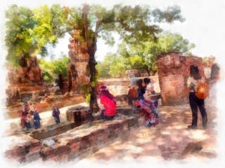 Obraz na płótnie Canvas Ancient ruins in Ayutthaya Thailand watercolor style illustration impressionist painting.