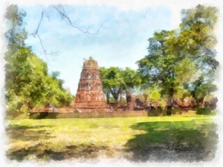 Ancient ruins in Ayutthaya Thailand watercolor style illustration impressionist painting.