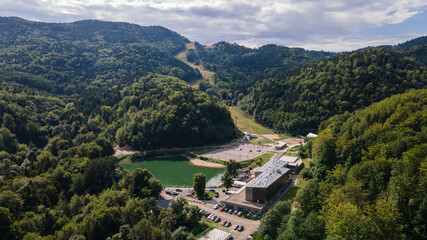 Aerial view of Hodrusske lake in Hodrusa-Hamre village in Slovakia